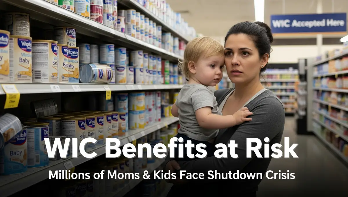 WIC benefits at risk headline with mother and child in grocery store as 2025 government shutdown threatens food aid.