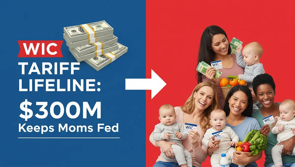 Mother holding baby and WIC benefits card in grocery store representing USDA $300 million tariff funding saving 6.7 million mothers and infants October 2025