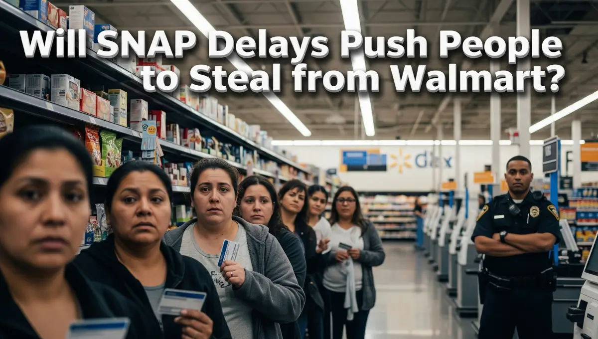 Question overlay on Walmart scene asking if SNAP delays could lead to theft during the 2025 shutdown.