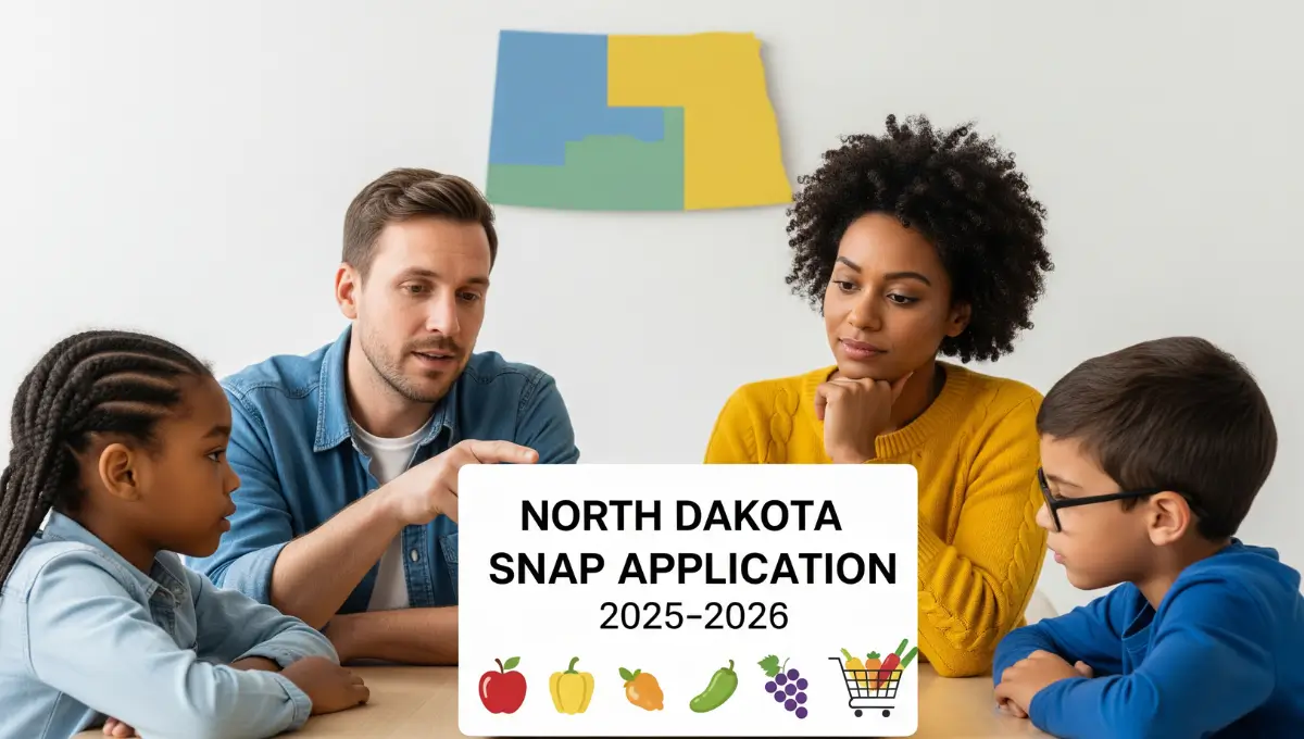Family applying for North Dakota SNAP benefits online for 2025-2026 with state map and food icons