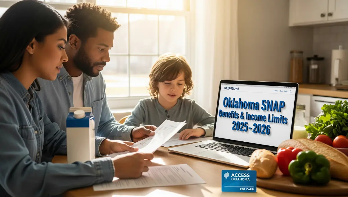 Oklahoma family reviewing SNAP benefit papers with laptop showing OKDHSLive website and an ACCESS EBT card on the table.