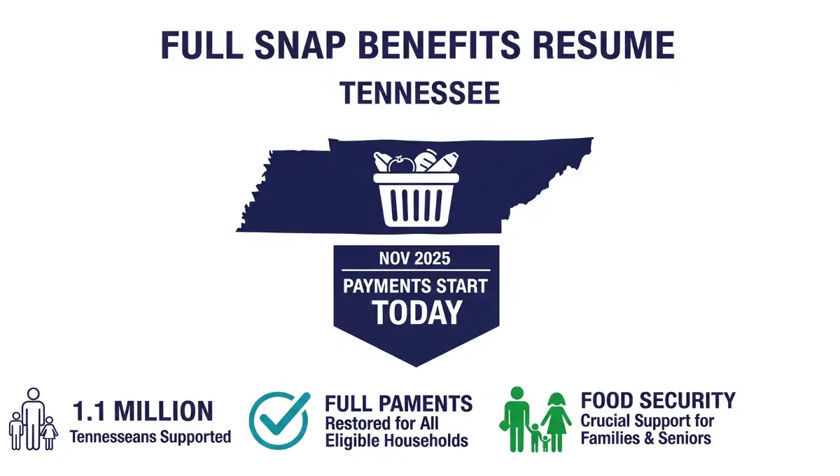 Tennessee SNAP Benefits resume, full November 2025 payments start today. Features state outline, food basket icon, and text: "FULL SNAP BENEFITS RESUME," "TENNESSEE," "1.1 MILLION Tennesseans Supported," "FULL PAYMENTS Restored," "FOOD SECURITY Crucial Support.