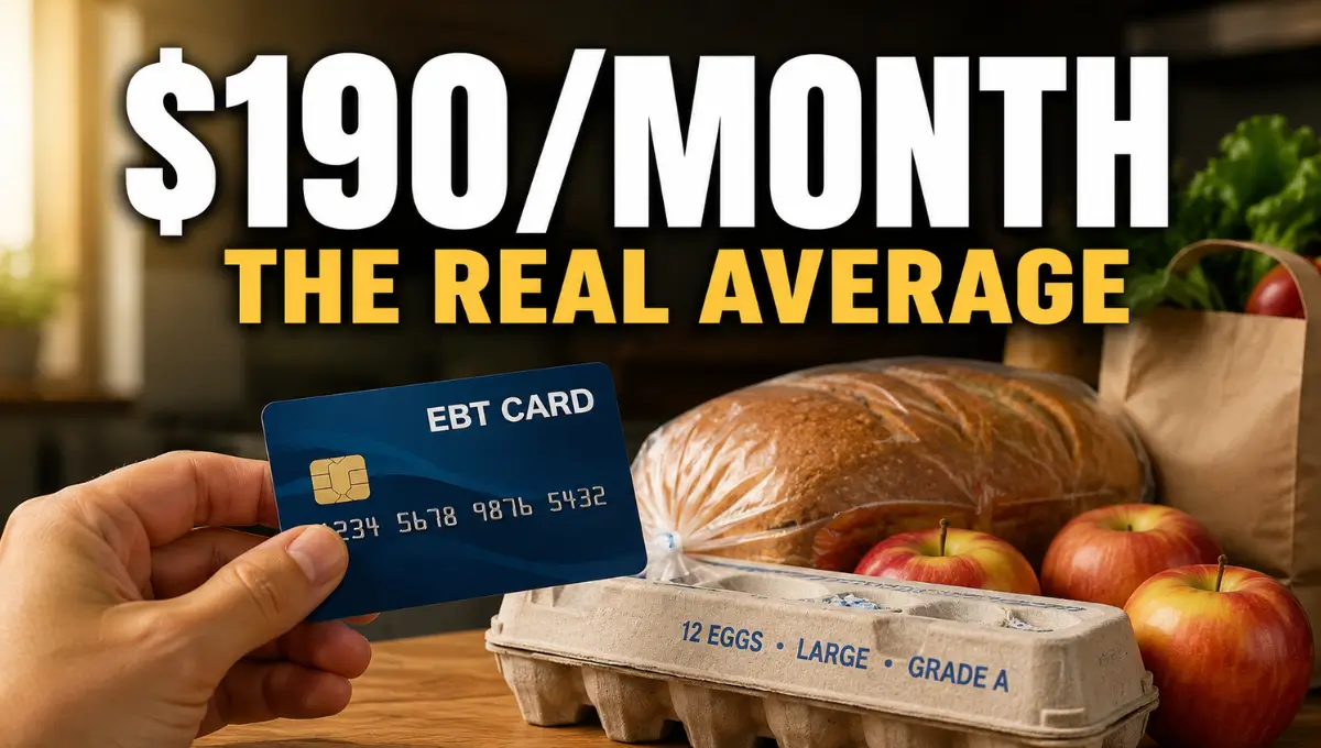EBT card held above fresh groceries, illustrating the average SNAP benefit amount for 2026