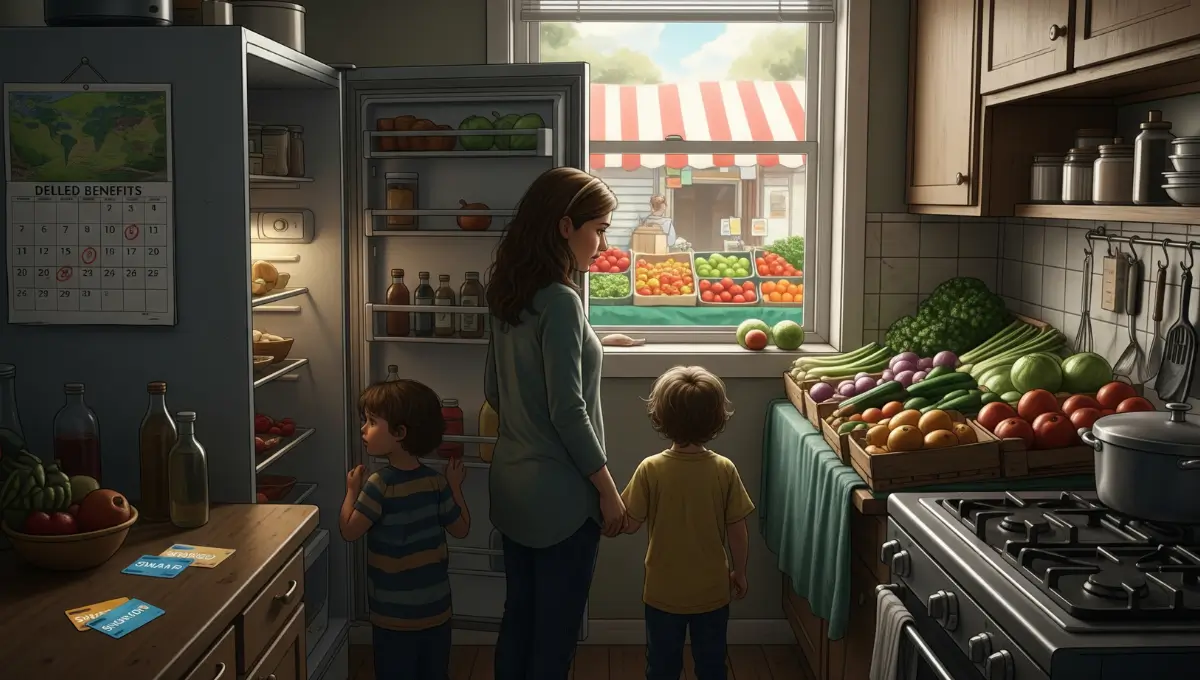 A parent and two children in a kitchen with nearly empty shelves and a mostly empty refrigerator, representing the rise in child food insecurity caused by 2025 SNAP benefit cuts and disruptions.