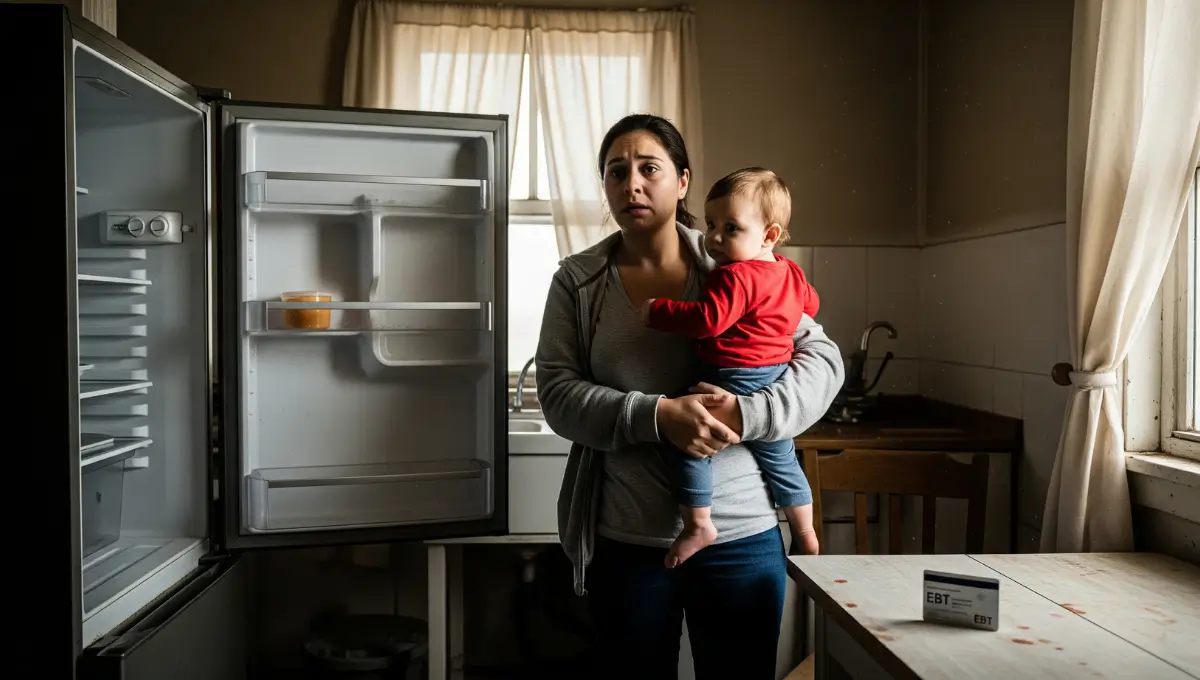 Worried mother and child by empty fridge with EBT card during 2025 SNAP shutdown