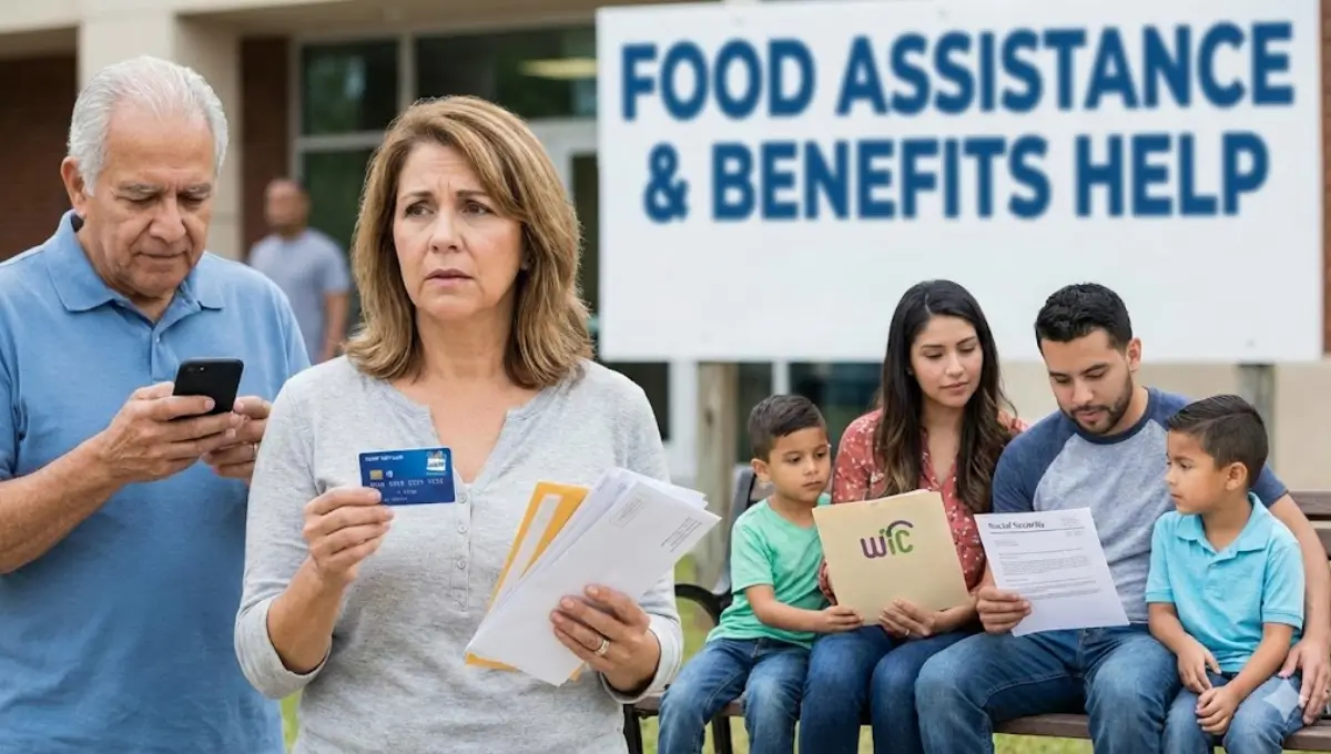 A multi-generational family and individuals appear concerned while reviewing documents and holding an EBT card in front of a "FOOD ASSISTANCE & BENEFITS HELP" sign.