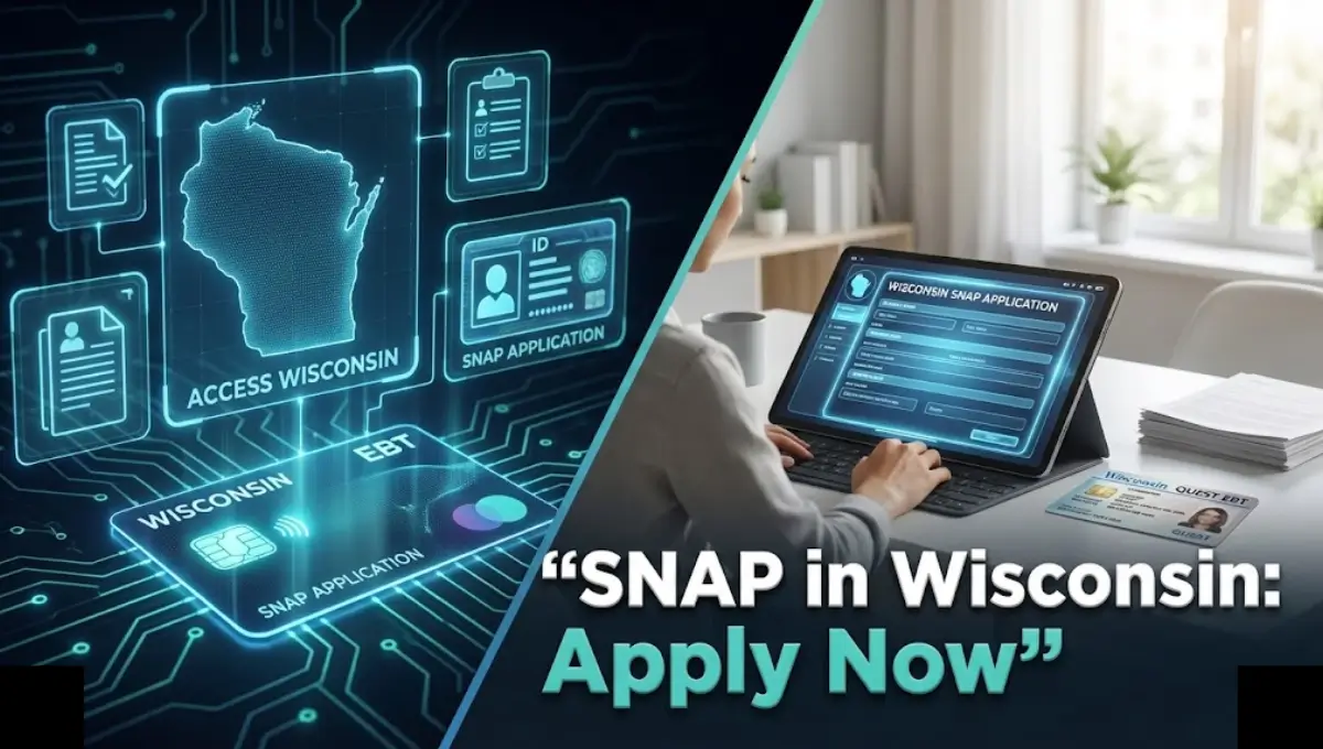 Wisconsin resident applying for SNAP on the ACCESS Wisconsin portal with QUEST EBT card and paperwork in a hyper-modern digital layout.