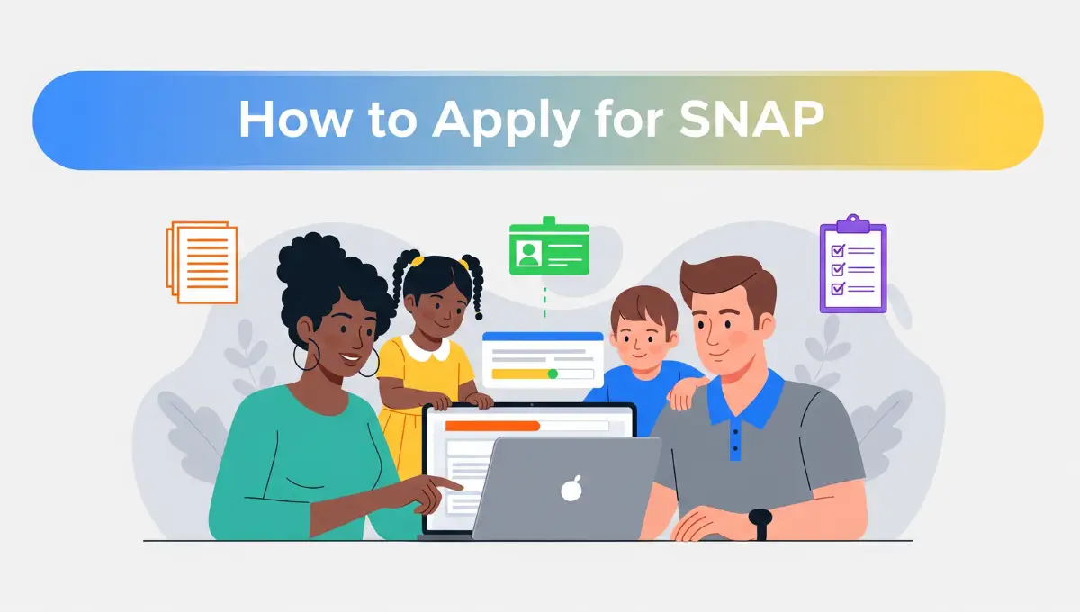 Family applying for SNAP benefits online with step-by-step guide illustration.