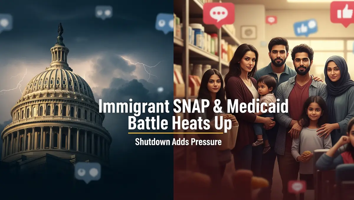 Illustration of U.S. Capitol under stormy skies and diverse immigrant families at a food bank, symbolizing SNAP and Medicaid debates during the government shutdown.