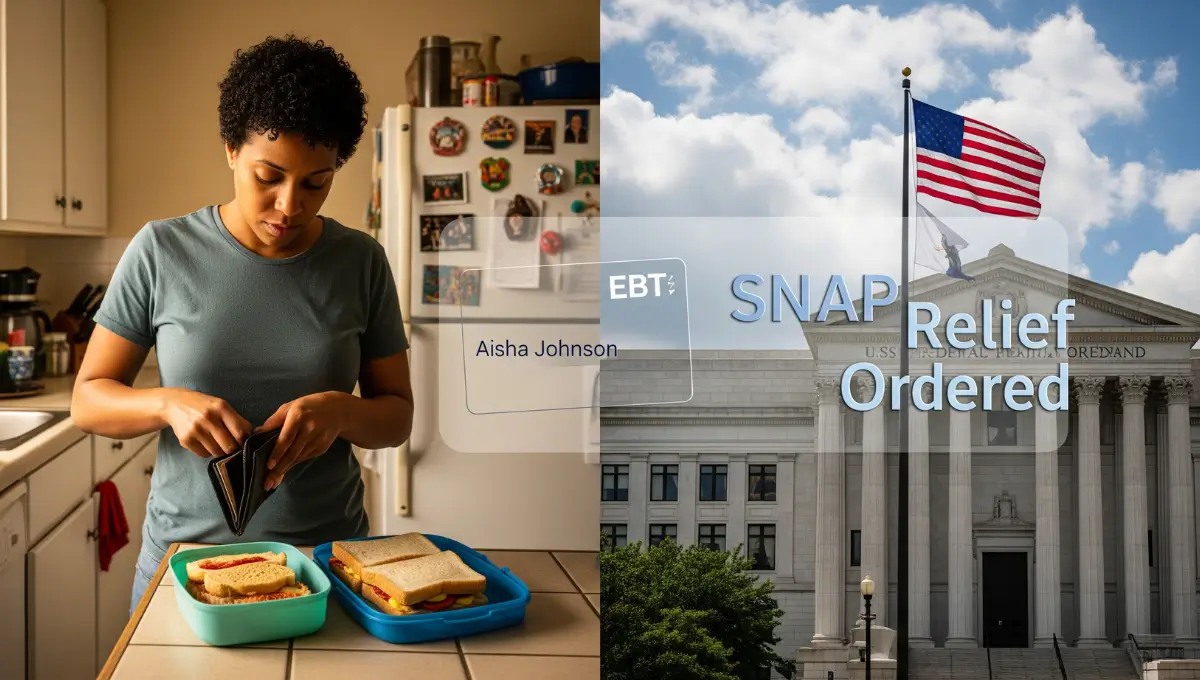 A mother preparing school lunches beside an empty wallet as a U.S. courthouse stands in the background, symbolizing SNAP relief after a federal ruling.
