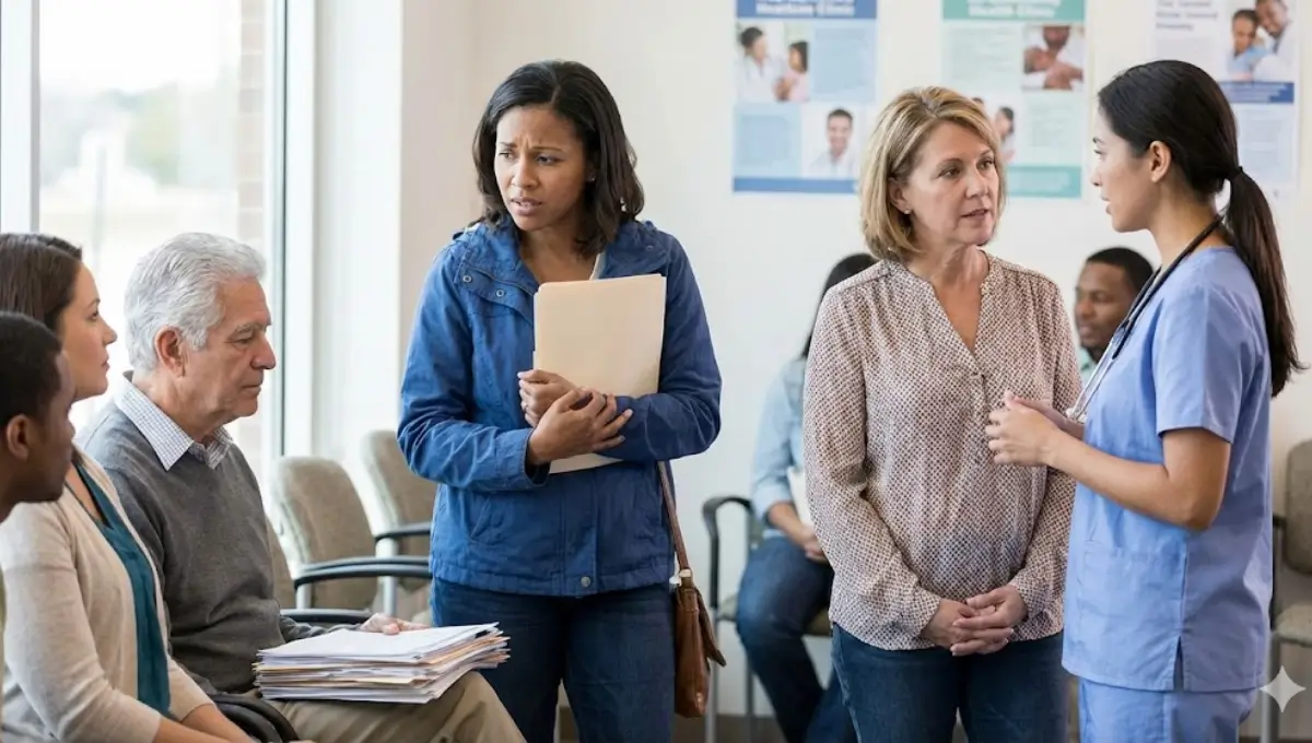 Concerned Americans review medical paperwork in a clinic as Medicaid rule changes create confusion.