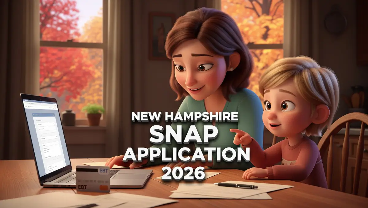 New Hampshire mother and child filling out a SNAP benefits application online using a laptop and EBT card.