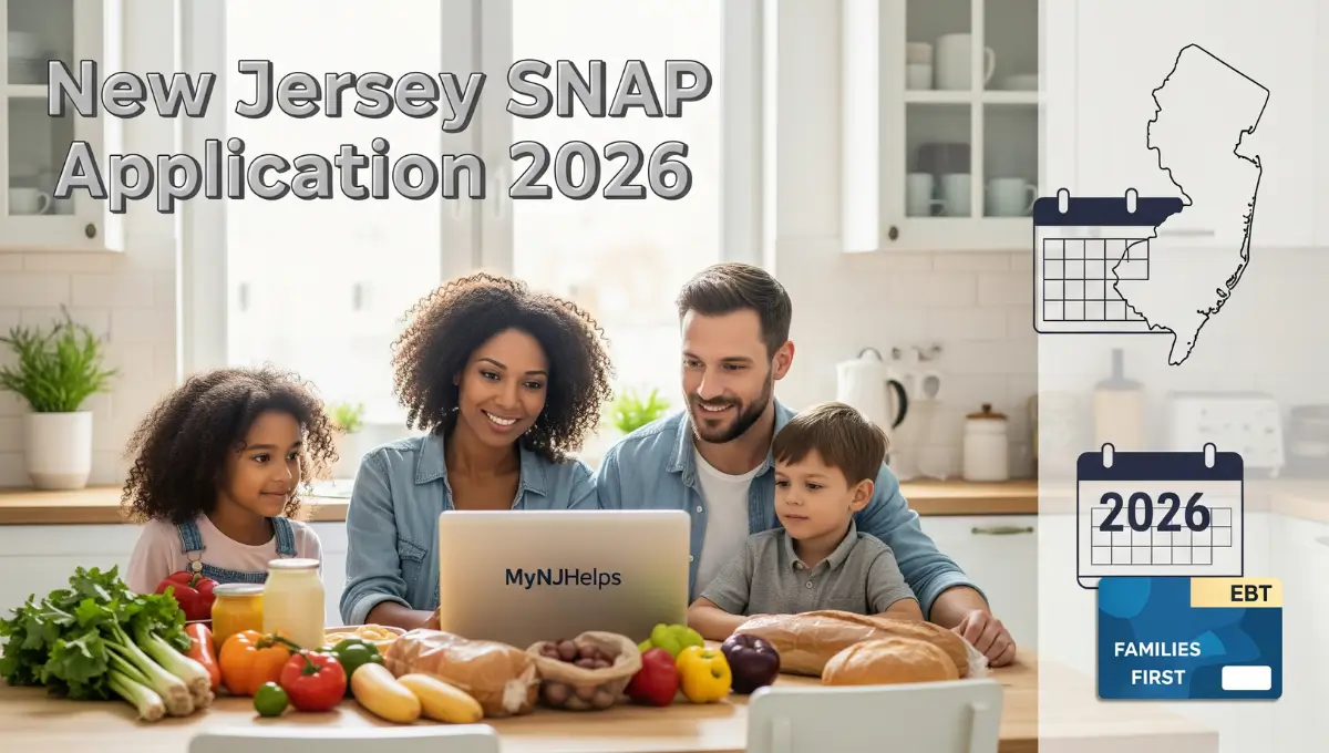 A New Jersey family applying for SNAP benefits online while reviewing food and EBT card details at their kitchen table.