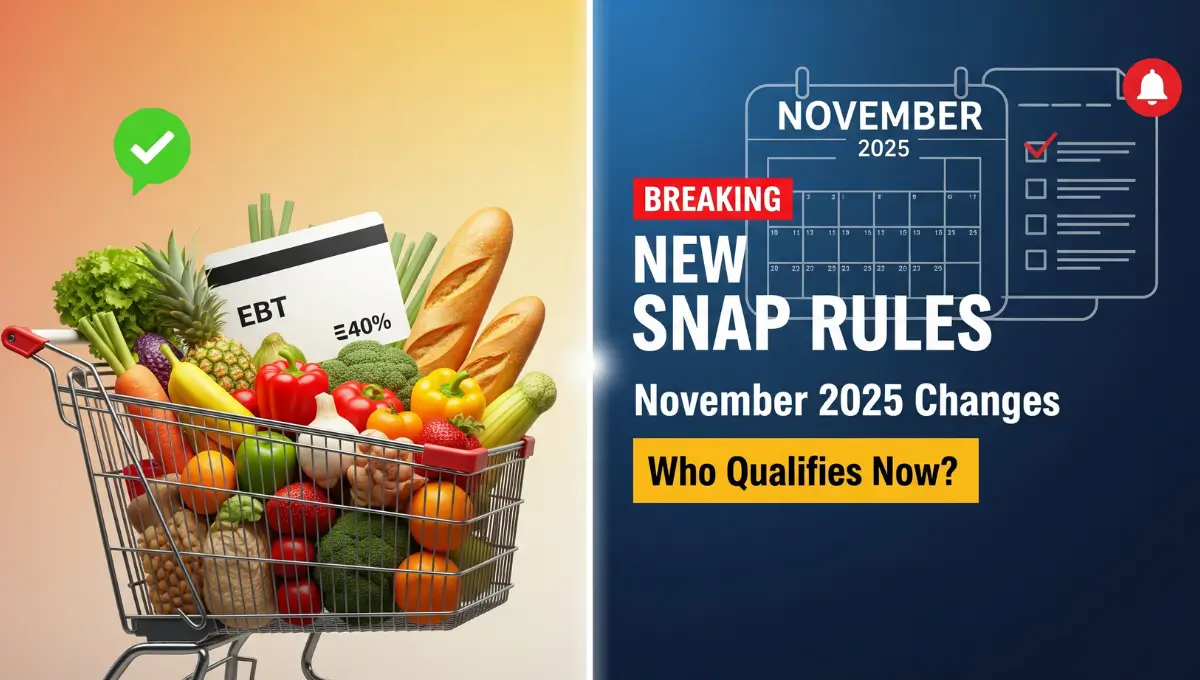 Split-screen image showing grocery cart with fresh food on left and November 2025 calendar on right, illustrating new SNAP benefit rules and eligibility changes