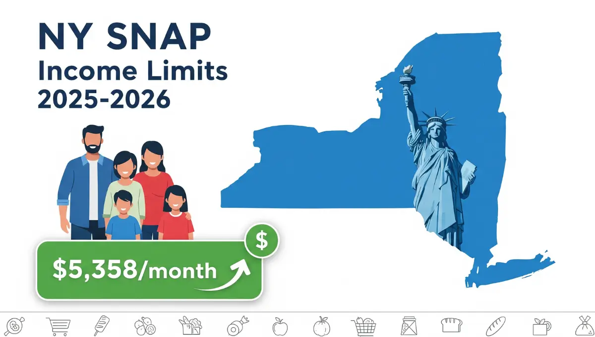 New York SNAP income limits 2025 and 2026 chart showing family of four eligibility guidelines and monthly income thresholds