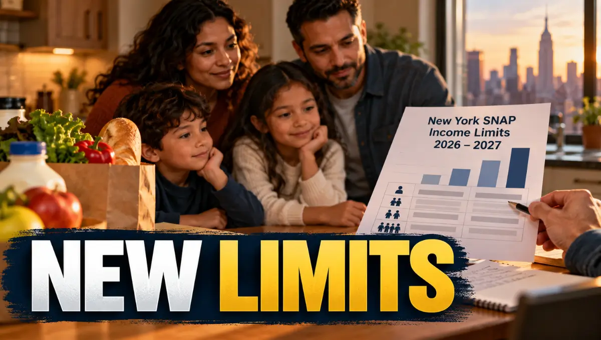 New York SNAP income limits for 2026–2027 shown with a household reviewing an updated eligibility chart.