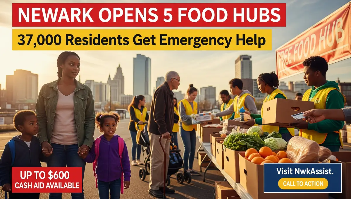 Newark New Jersey emergency food hub distributing groceries to families affected by SNAP benefits crisis November 2025 with volunteers helping residents