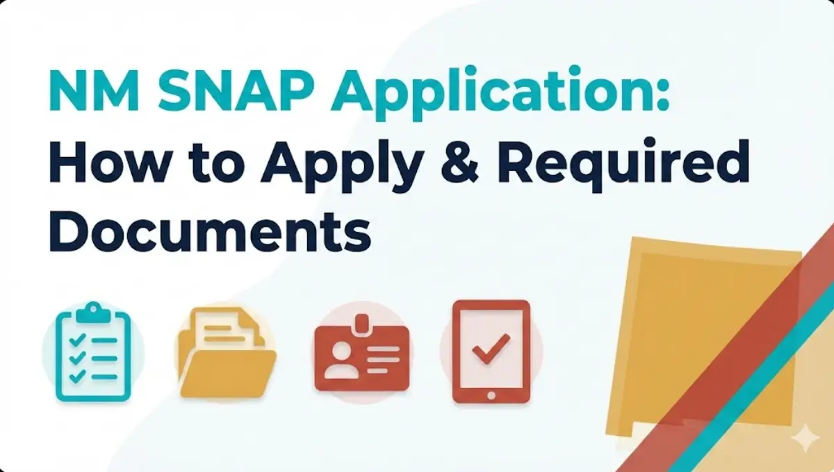 Modern graphic showing NM SNAP application process with bold text, New Mexico-themed colors, and icons representing required documents for food assistance benefits.