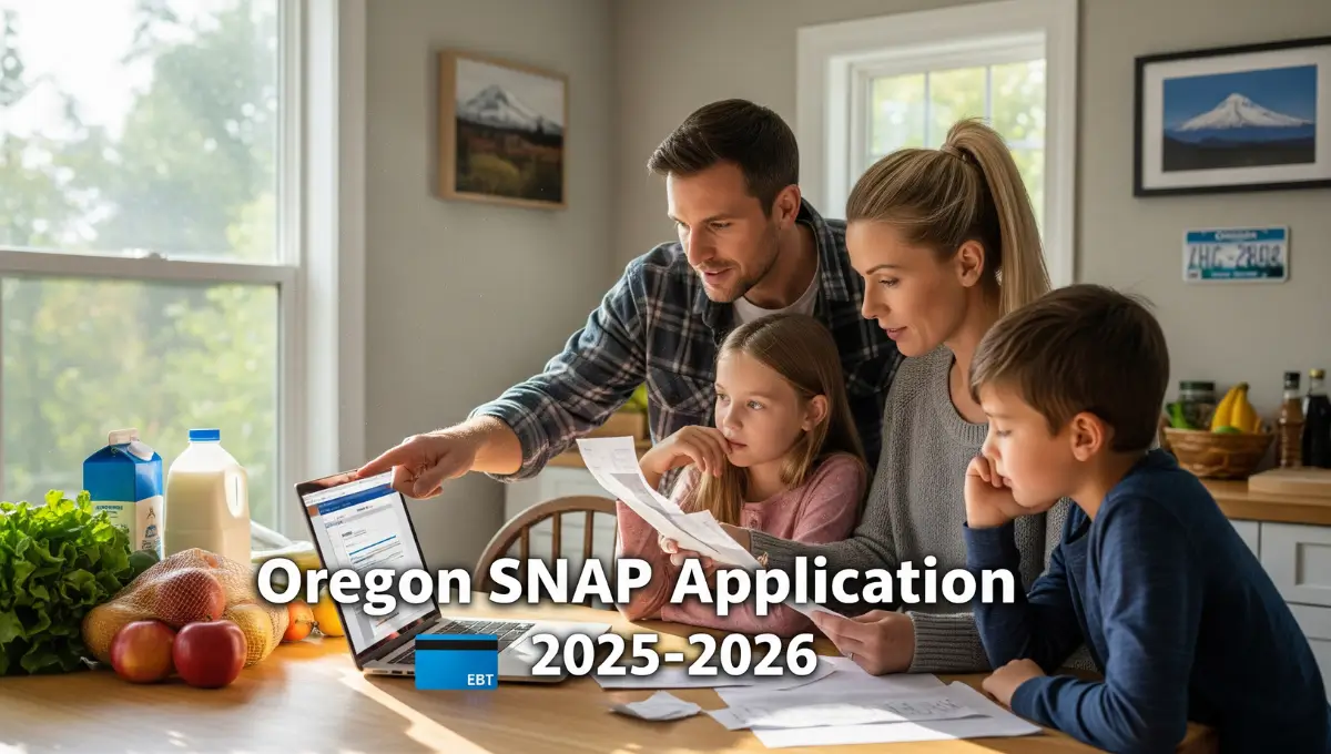 Oregon family reviewing EBT paperwork and groceries while applying for SNAP benefits online.