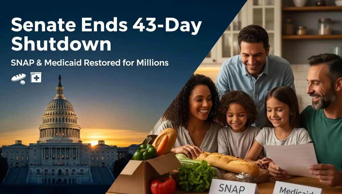 Illustration showing the U.S. Capitol dome at sunrise and a diverse family at a kitchen table, symbolizing relief as the Senate ends the 43-day shutdown and restores SNAP and Medicaid benefits.
