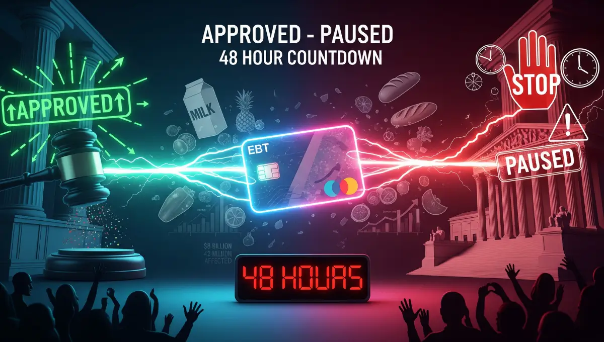 EBT card suspended between Appeals Court approval with green checkmark and Supreme Court pause with red stop sign, showing tug-of-war over 8 billion dollars in SNAP benefits for 42 million Americans with 48-hour countdown timer, November 2025 food assistance court battle