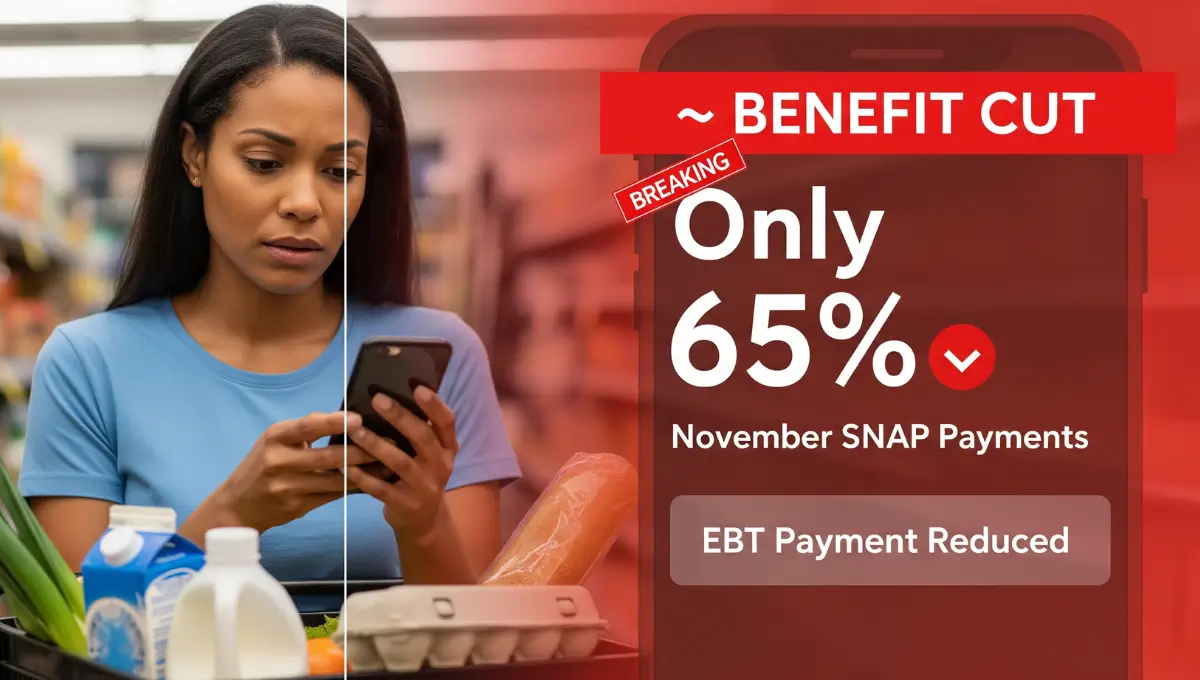 Worried parent checking phone at grocery store after SNAP food stamp benefits cut to only 65 percent for November 2025