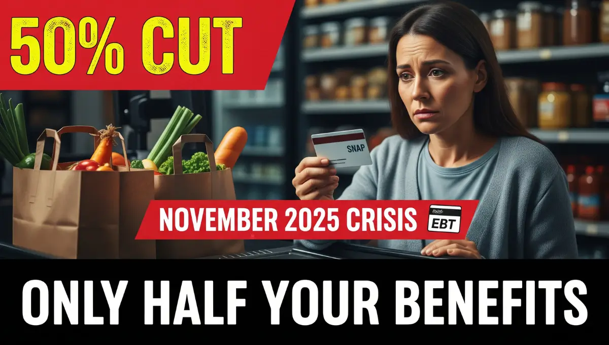 Worried mother holding EBT SNAP card with empty grocery bags showing 50% cut text overlay November 2025 benefits crisis shutdown