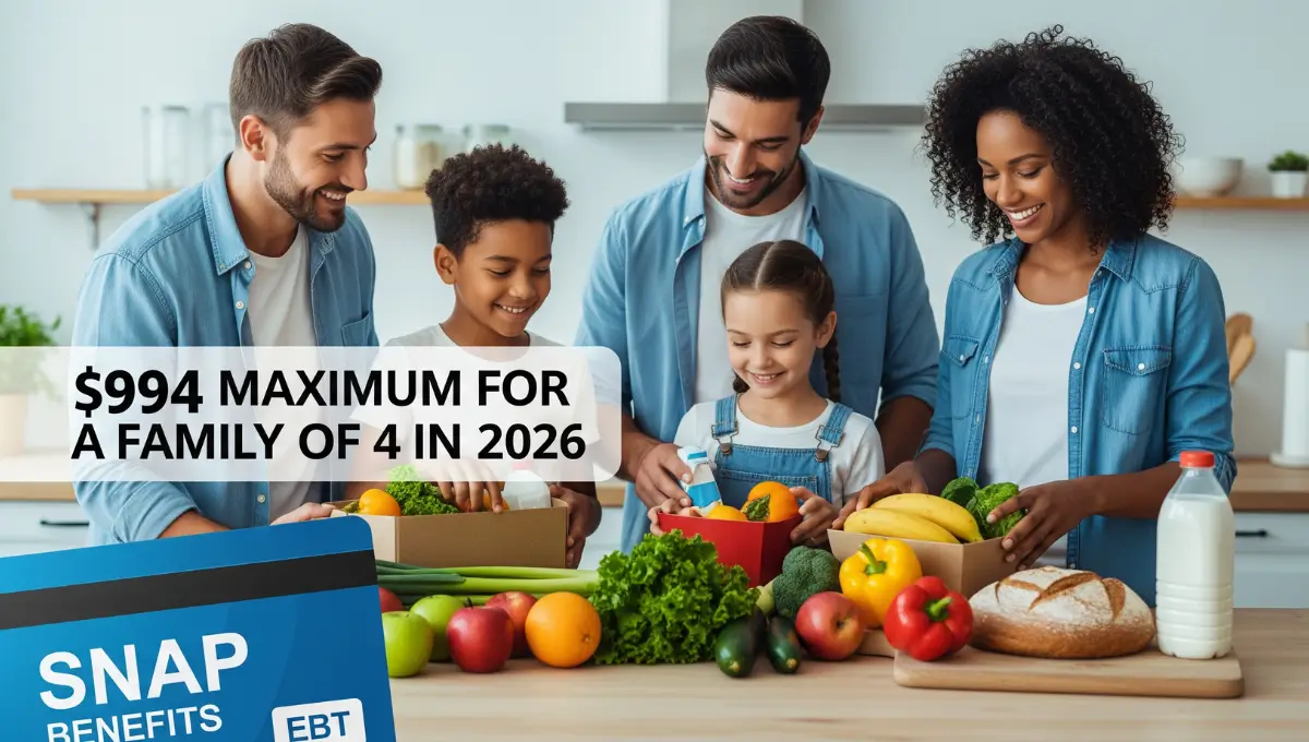 Family of four unpacking fresh groceries with EBT card showing $994 maximum SNAP benefit amount for 2026