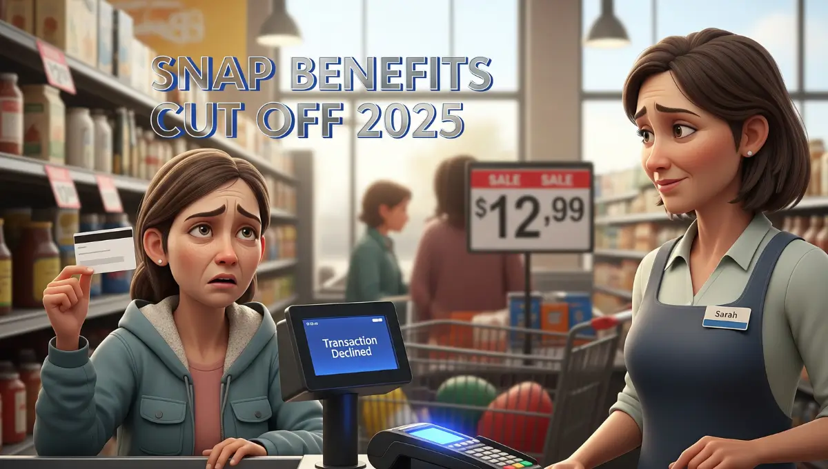 A mother at a grocery checkout holds an empty EBT card as a cashier looks on with concern after SNAP benefits were cut off nationwide.