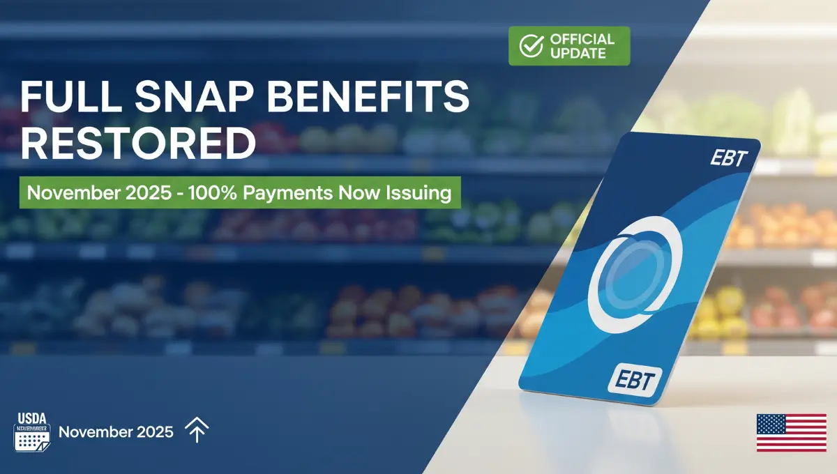 EBT card with fresh groceries showing full SNAP benefits restored for November 2025 after government shutdown ends