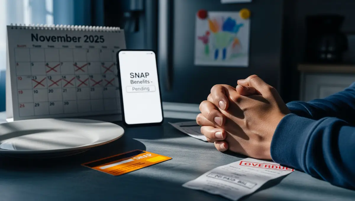 Empty plate next to SNAP EBT benefits card on kitchen table with worried parent's hands, calendar showing November 2025, representing 42 million Americans facing food assistance uncertainty during USDA payment reversal and government shutdown