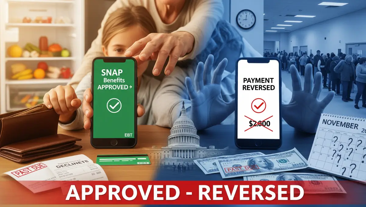 Split screen showing SNAP benefits approved then reversed on smartphone, with EBT card, empty wallet, and past due bills, representing 42 million Americans caught in payment reversal crisis after 40-day government shutdown ends November 2025