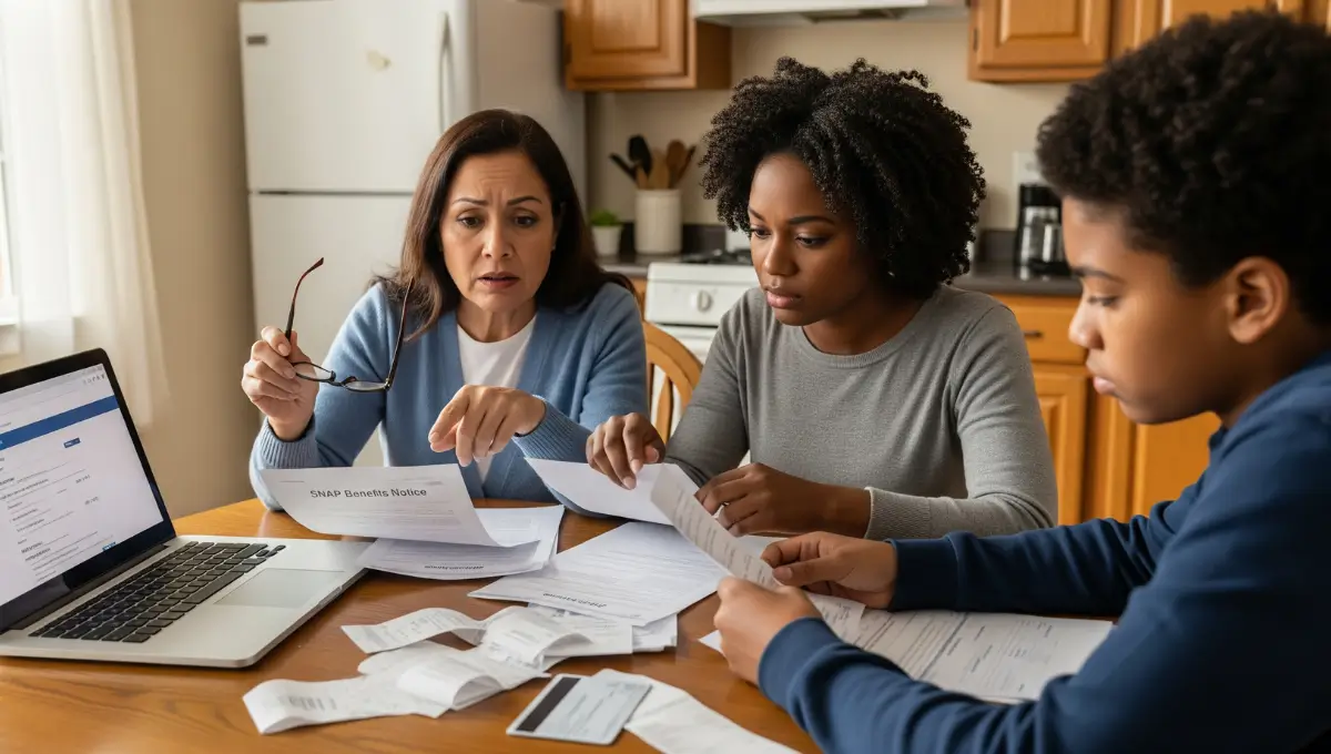 Family reviewing SNAP food stamp benefits paperwork at kitchen table showing concern over new 2026 work requirements
