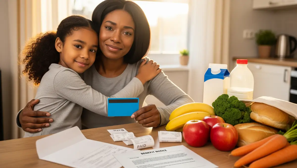 Single mom hugs daughter in relief as full SNAP benefits return December 2025