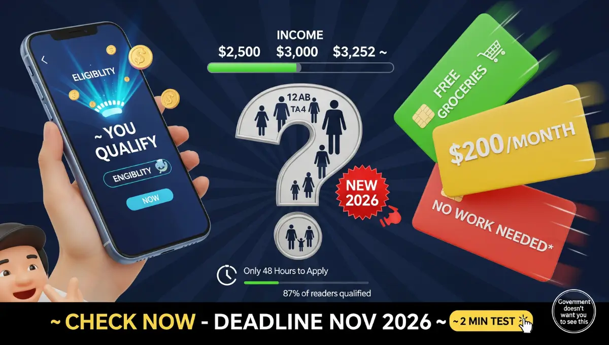 Interactive SNAP eligibility checker interface on smartphone showing income calculator, family size options, and qualification requirements for 2025 food stamp benefits