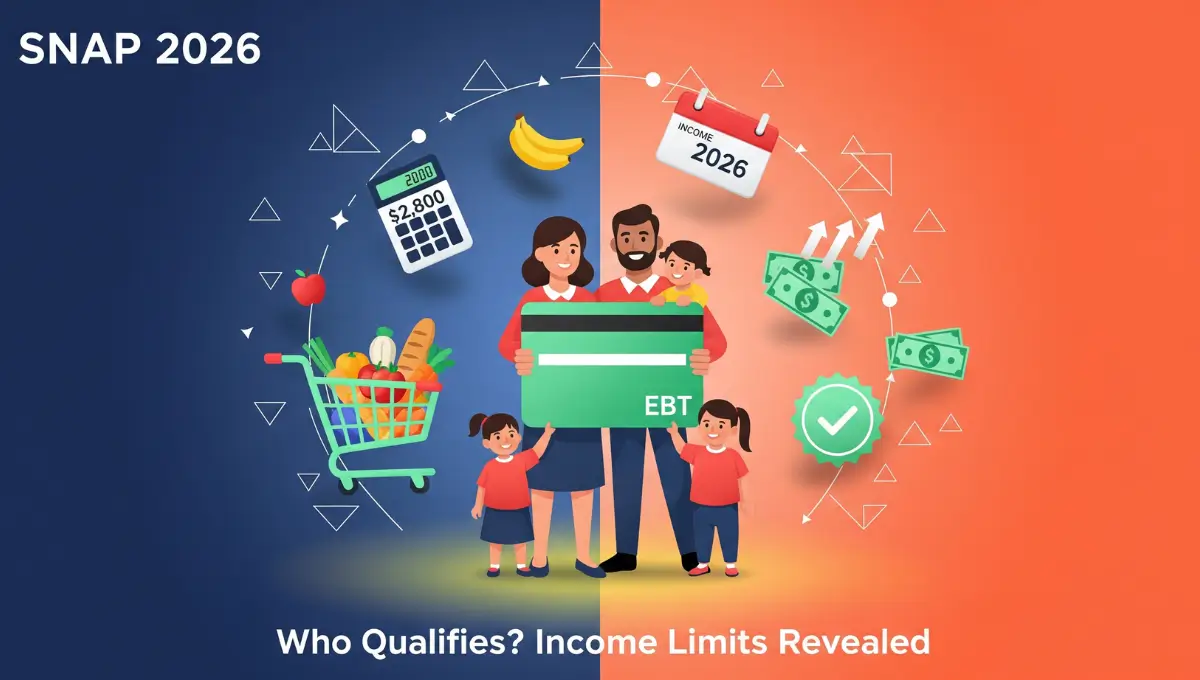 SNAP eligibility requirements 2026 showing family with EBT card, income limits, and food stamps qualification criteria vector illustration