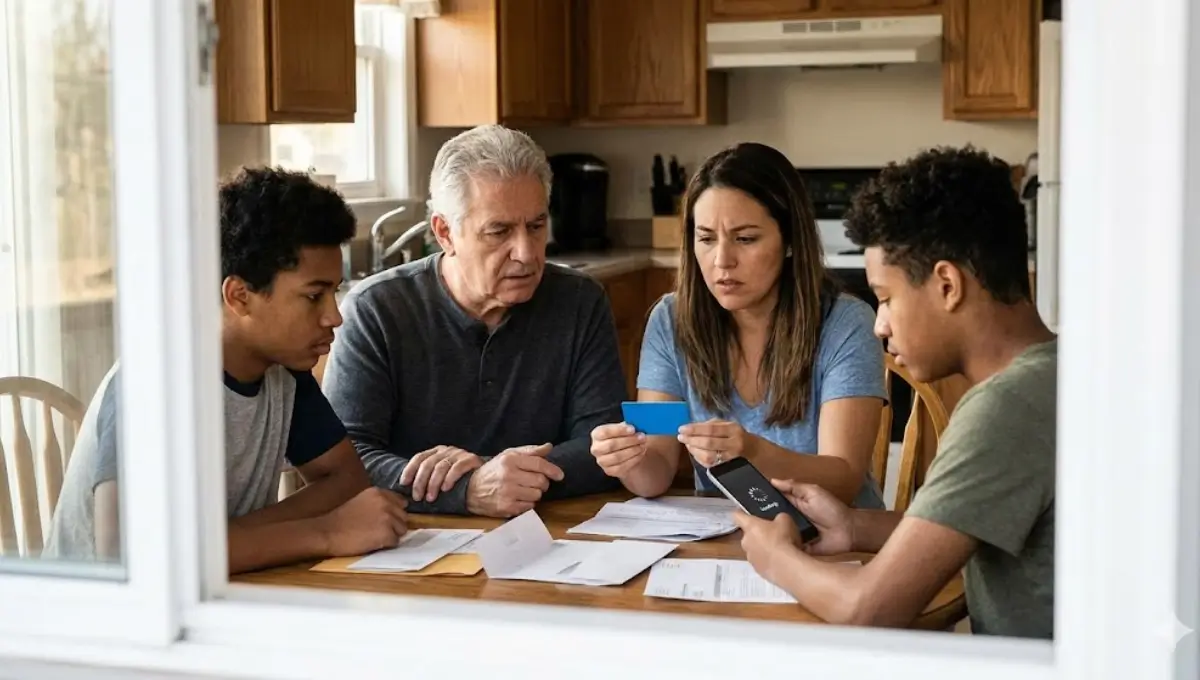 Concerned family checking EBT card and bills at home during SNAP payment delays.