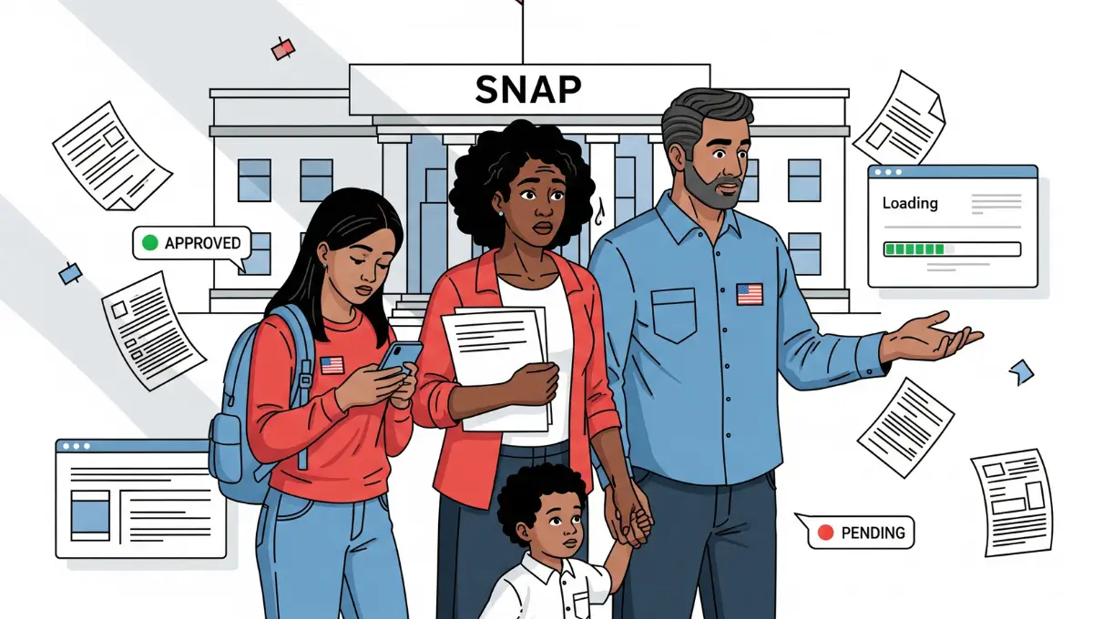 Families facing new 2025 SNAP reapplication mandate amid Trump administration fraud crackdown, standing in front of government office with paperwork.