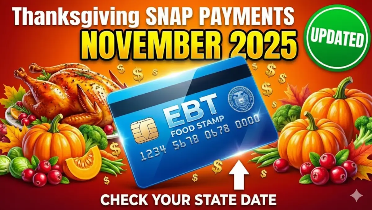 Colorful SNAP EBT card with November 2025 Thanksgiving payment dates and bold text showing state benefit schedules