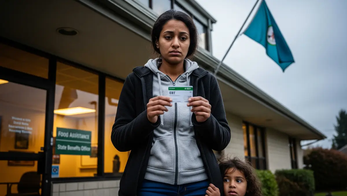 Refugee mother and child holding an EBT card outside a Washington state food assistance office, representing 2025 SNAP eligibility cuts for immigrants and the state’s response through the Food Assistance Program.