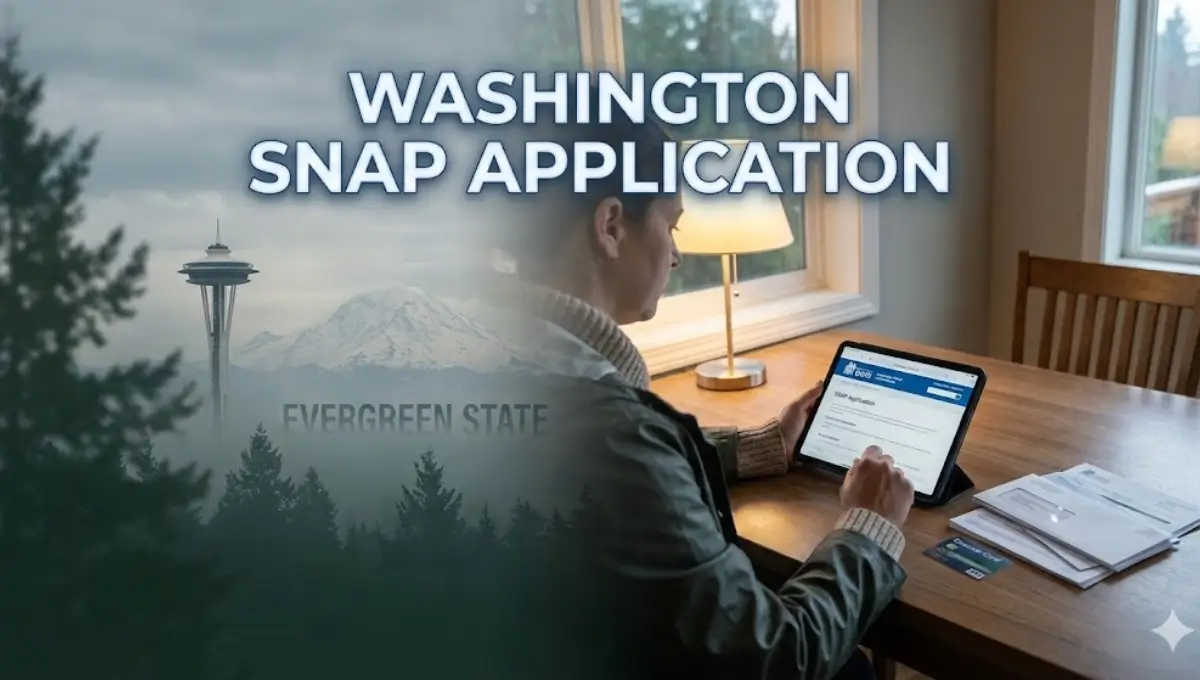 Washington resident applying for SNAP benefits on a tablet with the DSHS website open, EBT card and documents on the table.