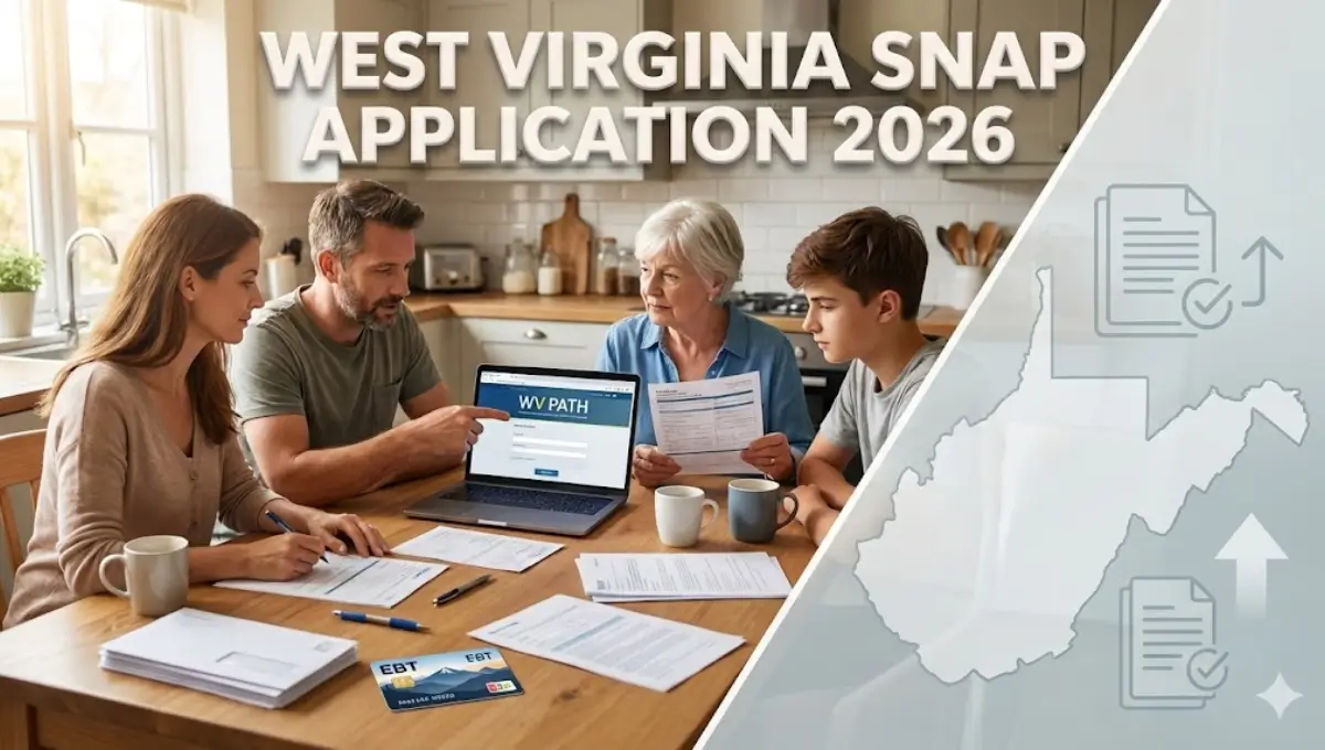 West Virginia family completing SNAP application paperwork with laptop open to the PATH portal and an EBT card on the table.