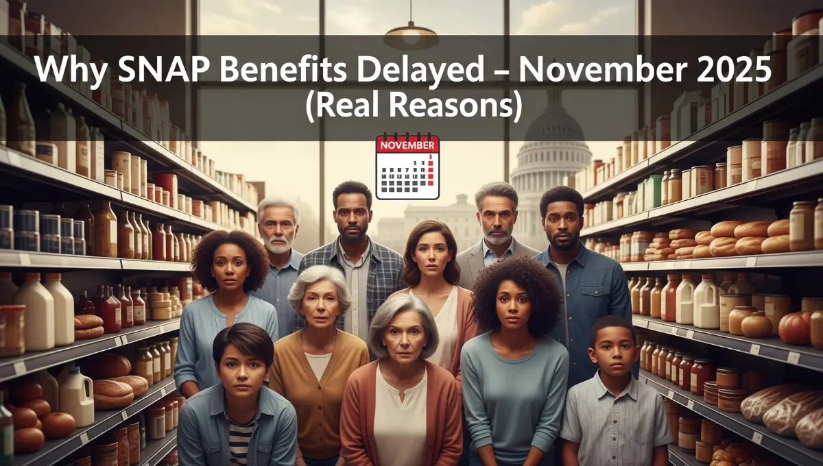 A group of families looking at empty grocery shelves, showing the impact of delayed SNAP benefits in November 2025 due to a federal government shutdown.