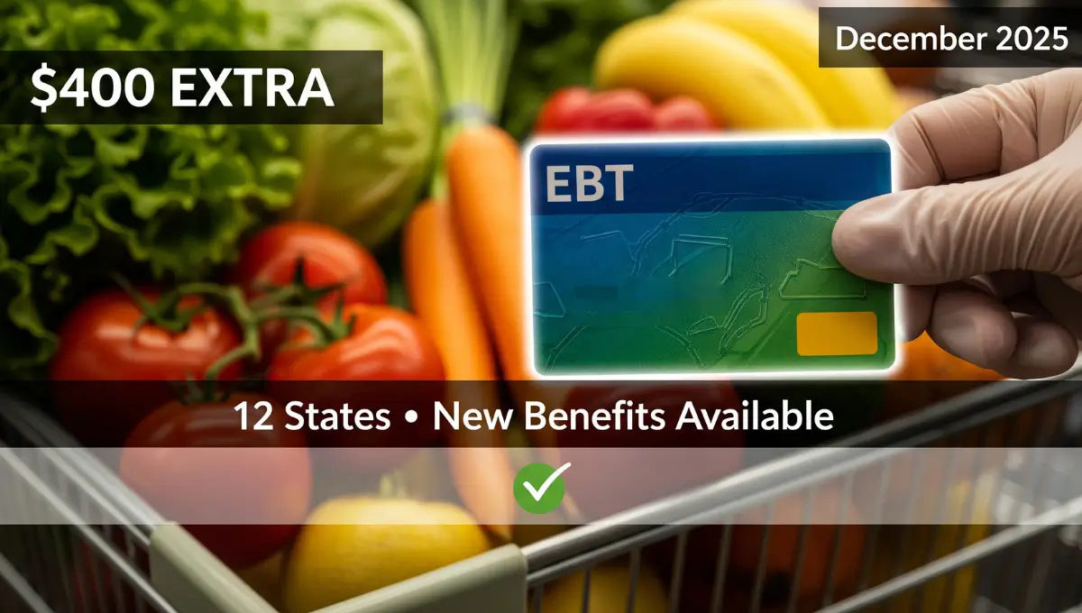 EBT card showing $400 extra SNAP benefits available in 12 states for December 2025 with fresh groceries in background