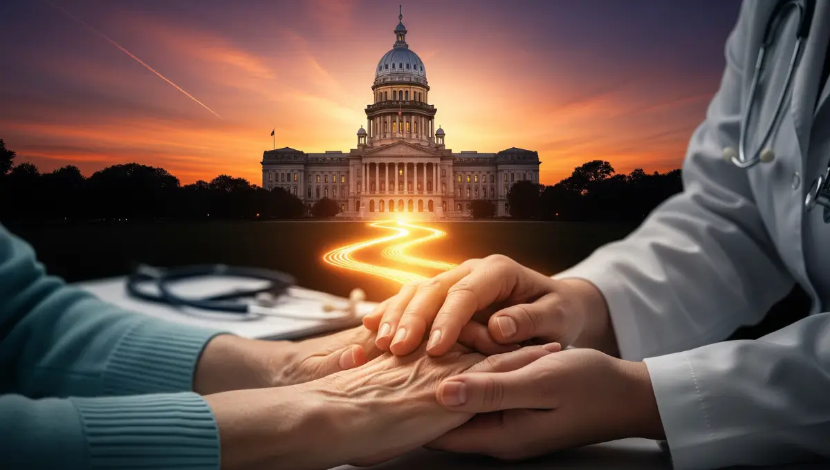 Dramatic sunset behind the Illinois State Capitol with a doctor gently holding an elderly patient’s hand, symbolizing compassion and choice under Deb’s Law.