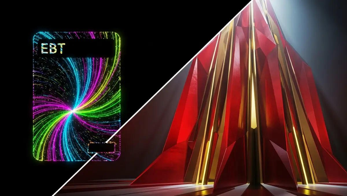 Abstract split image showing glowing digital data streams forming an EBT card on the left and sharp red-and-gold geometric shapes representing a futuristic government building on the right, separated by a diagonal divider