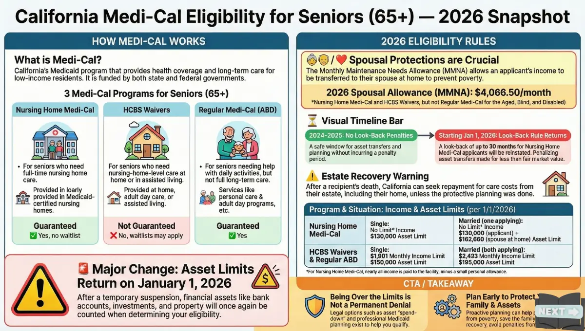 Infographic explaining California Medi-Cal eligibility for seniors age 65 and older in 2026, including nursing home Medi-Cal, HCBS waivers, income limits, asset limits, spousal protections, and estate recovery.