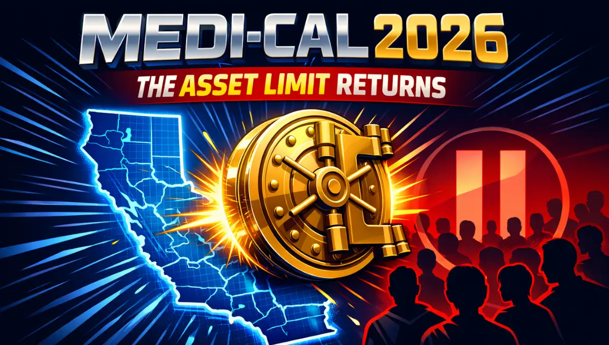 Vector graphic featured image for California Medi-Cal 2026 updates, displaying a closing bank vault and movie-style text "Medi-Cal 2026" to symbolize the reinstatement of the $130,000 asset limit and enrollment freeze.