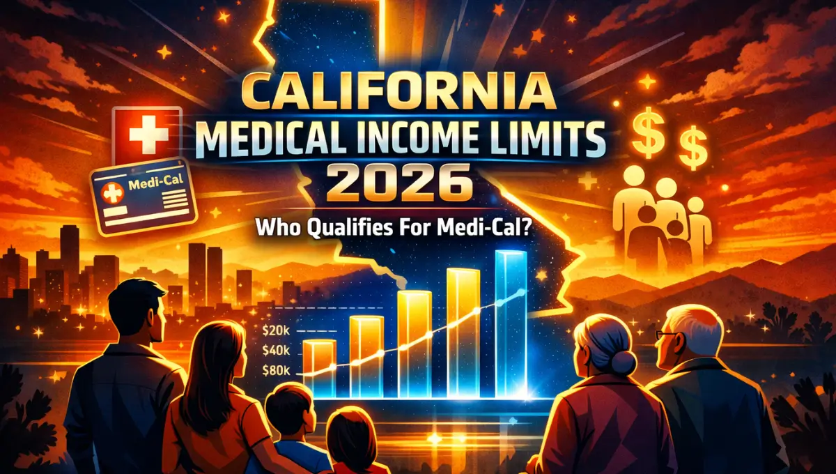 Vector graphic showing California Medical Income Limits 2026 with Medi-Cal eligibility chart and healthcare icons