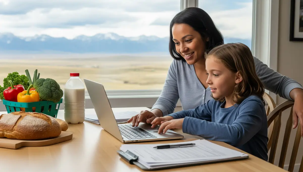 Family in Wyoming applying for SNAP benefits online with groceries and paperwork on a kitchen table